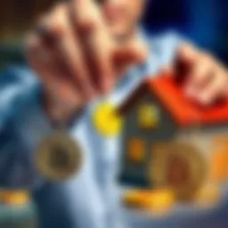A person holding a house key next to Bitcoin symbols, symbolizing the sale of Bitcoin to buy a house.