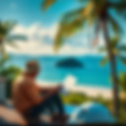 An expat examining land documents while sitting in a tropical location in Thailand