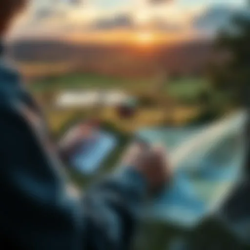 Person examining land for sale with a notepad and map