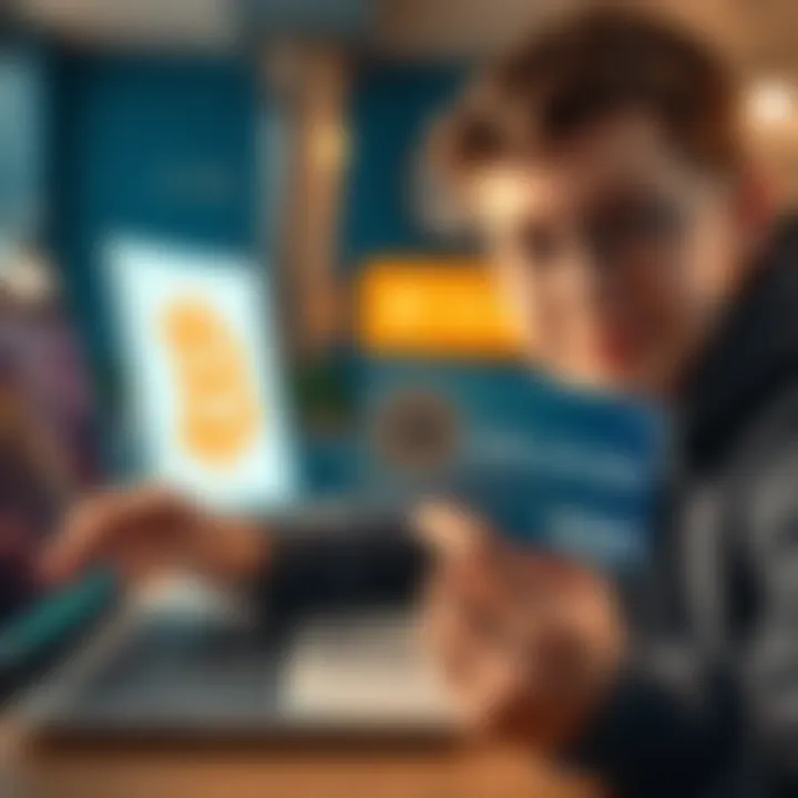 A young person holding a prepaid Visa gift card next to a laptop showing Litecoin on the screen