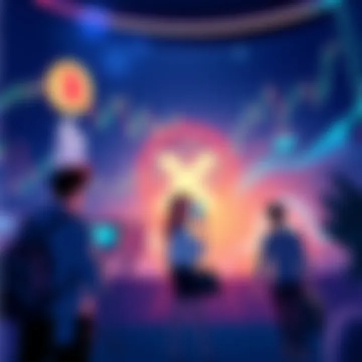 An illustration showing people trading XRP on Coinbase, with a backdrop of cryptocurrency charts and graphics
