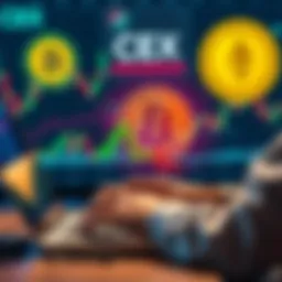 A person using a laptop to buy Bitcoin on a centralized exchange platform, with graphical representations of Bitcoin and Monero in the background.