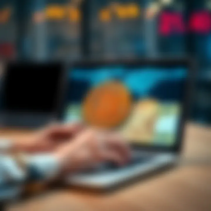 A person using a laptop to purchase Bitcoin with Swiss Francs, showing the Bitcoin logo and CHF currency notes on the screen.
