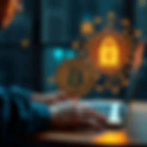 A person purchasing Bitcoin online with a laptop and secure blockchain icons in the background