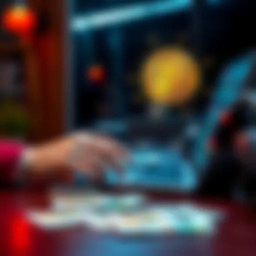 A person making a Bitcoin purchase with a laptop and currency notes on a table, symbolizing private crypto transactions in Spain.