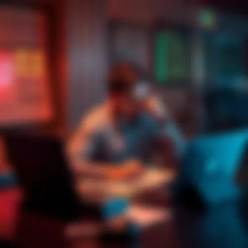 A person sitting at a table with a laptop and paperwork, calculating taxes on profits from cryptocurrency investments, looking thoughtful.