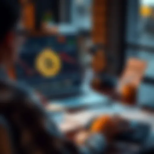 A person sitting at a desk, looking at a laptop screen displaying Bitcoin prices and tax documents, with a calculator nearby.