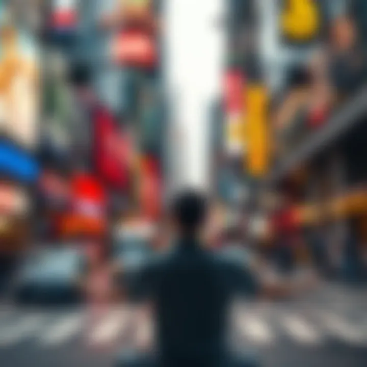 Calm amid chaos A person meditating in a busy city environment filled with distractions