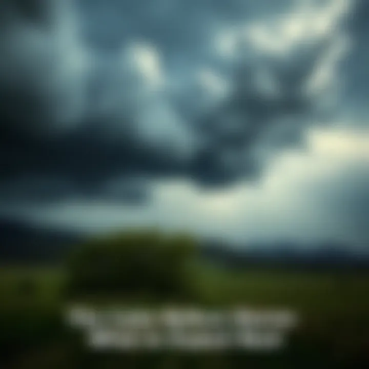 A serene landscape with dark clouds gathering in the sky, hinting at an approaching storm. Trees sway lightly in the breeze, and the atmosphere feels tense yet quiet.