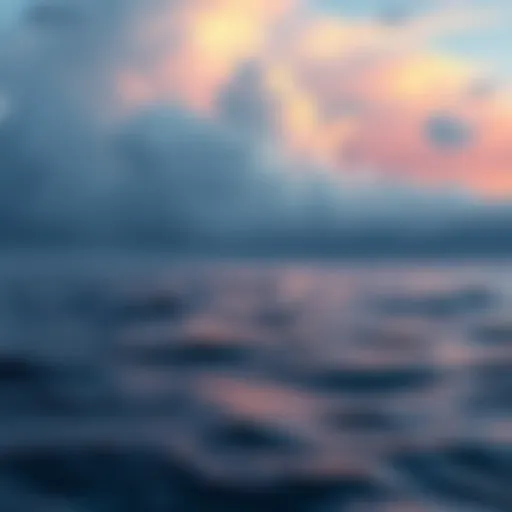 A serene image depicting a calm ocean with a distant storm brewing, symbolizing the quiet before potential turbulence in the cryptocurrency market.