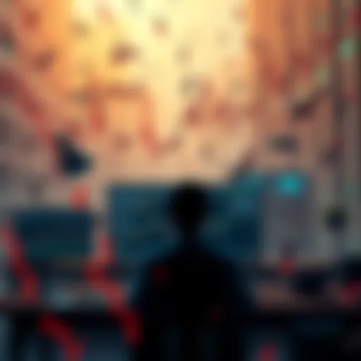 A person sitting calmly at a desk surrounded by falling stock charts, symbolizing resilience during market fluctuations