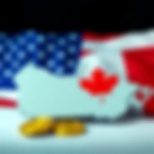 A graphic showing Canada's XRPP ETF for XRP with a contrasting background of the US flag, symbolizing the differences in cryptocurrency progress between the two countries.