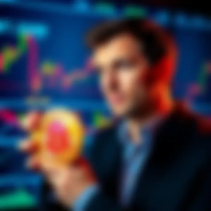 Canadian investor sharing Bitcoin lessons A Canadian investor with a thoughtful expression reflects on their experience, holding a Bitcoin symbol, with a backdrop of financial charts and graphs.