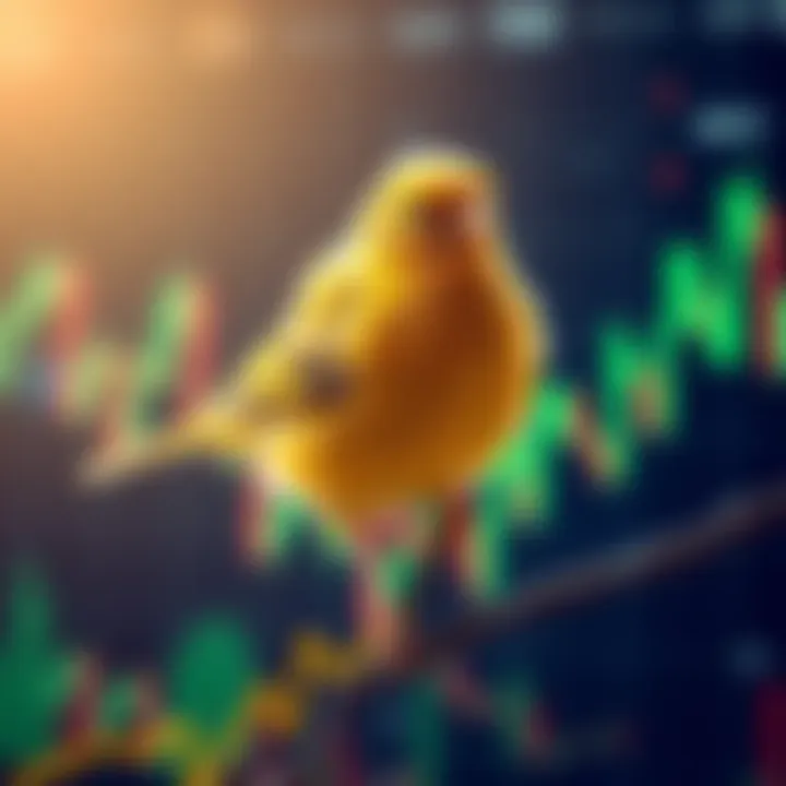 A bright golden canary perched on a stock market graph, symbolizing the launch of the Canary ETF