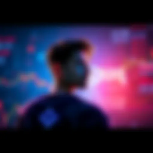 A person contemplating the future of Cardano cryptocurrency with charts and digital currency symbols around them