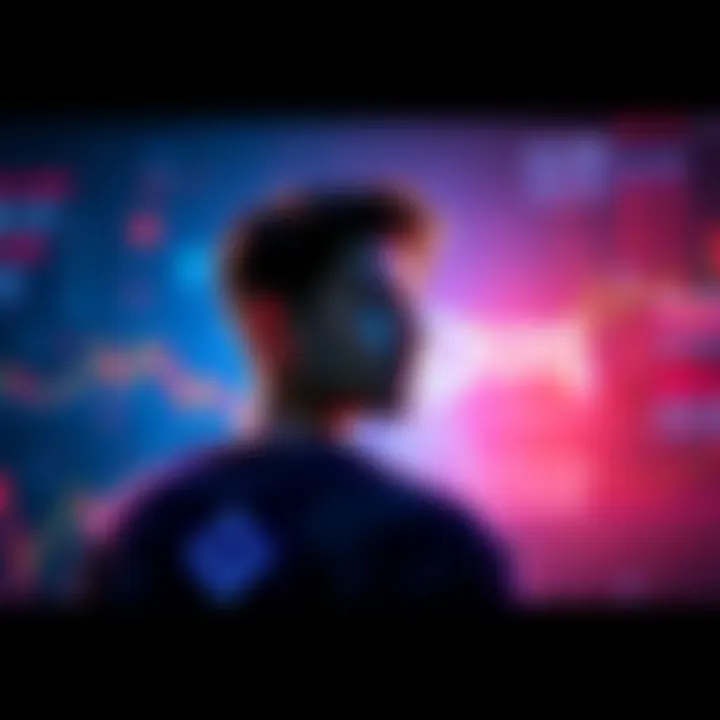 A person contemplating the future of Cardano cryptocurrency with charts and digital currency symbols around them