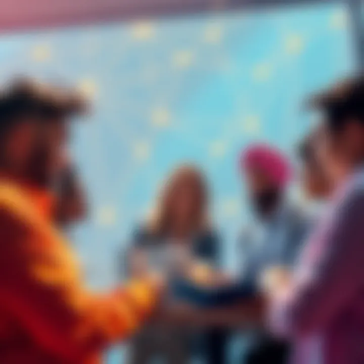 A diverse group of people discussing job roles in the Cardano blockchain ecosystem, showcasing development, marketing, and community engagement themes.