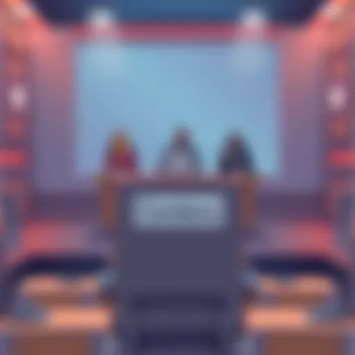 Illustration showing empty seat labeled Cardano in front of a panel of blockchain representatives at an SEC meeting