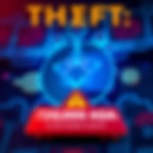 A digital representation of a stolen Cardano logo with a warning sign and a Ledger wallet graphic