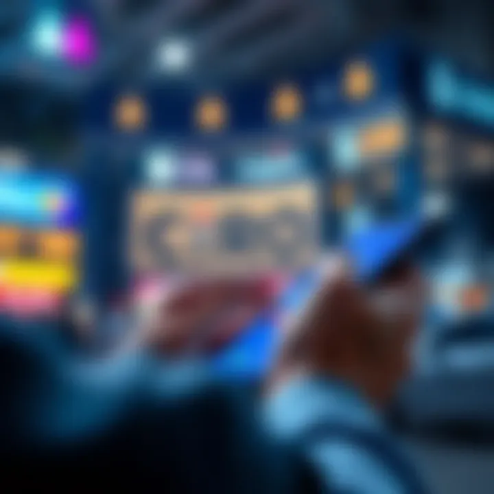 A person using a mobile app to cash out cryptocurrency, with bank transfer icons in the background
