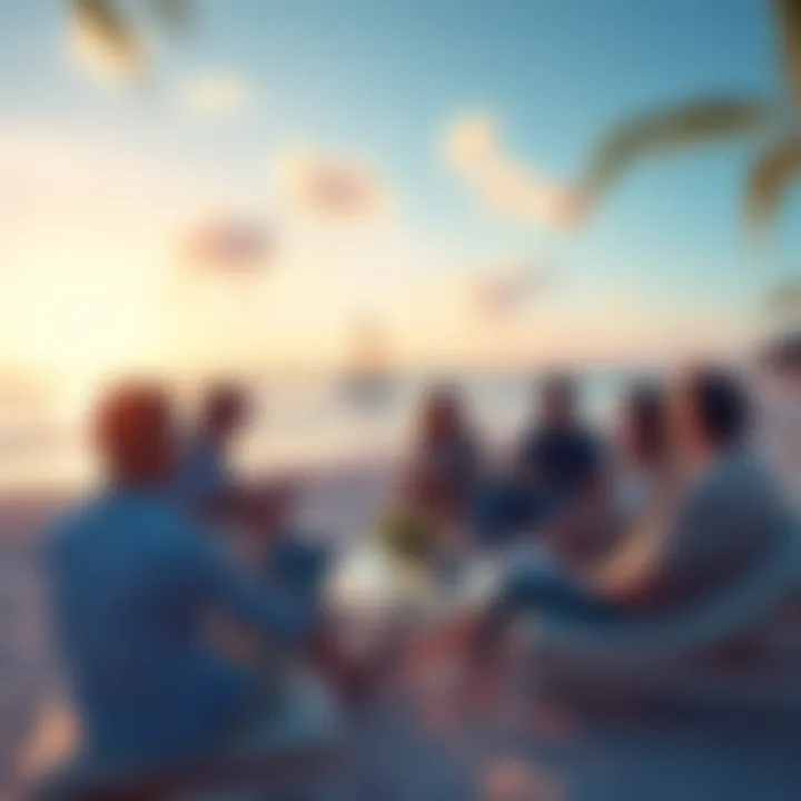 A group of people discussing cryptocurrency cash-out strategies at a beach resort, with laptops and mobile devices.
