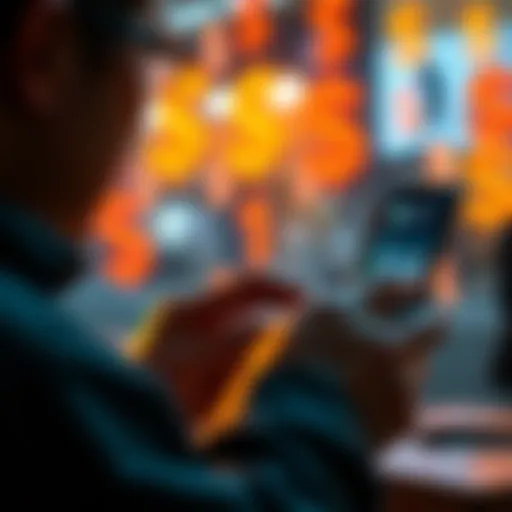 A person using a mobile phone to cash out from Pera Wallet with dollar signs in the background