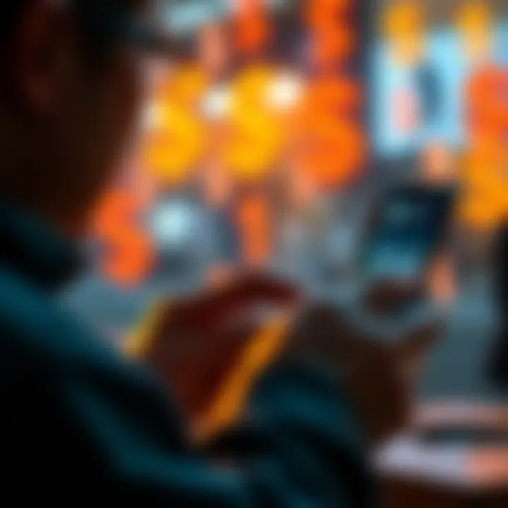 A person using a mobile phone to cash out from Pera Wallet with dollar signs in the background