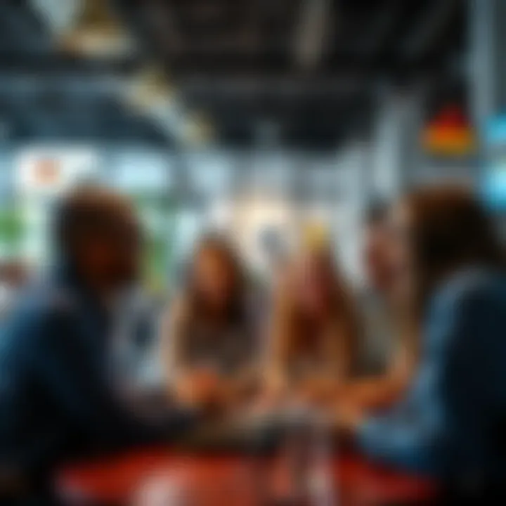 A diverse group of people engaged in a friendly discussion, smiling and sharing ideas in a relaxed environment.