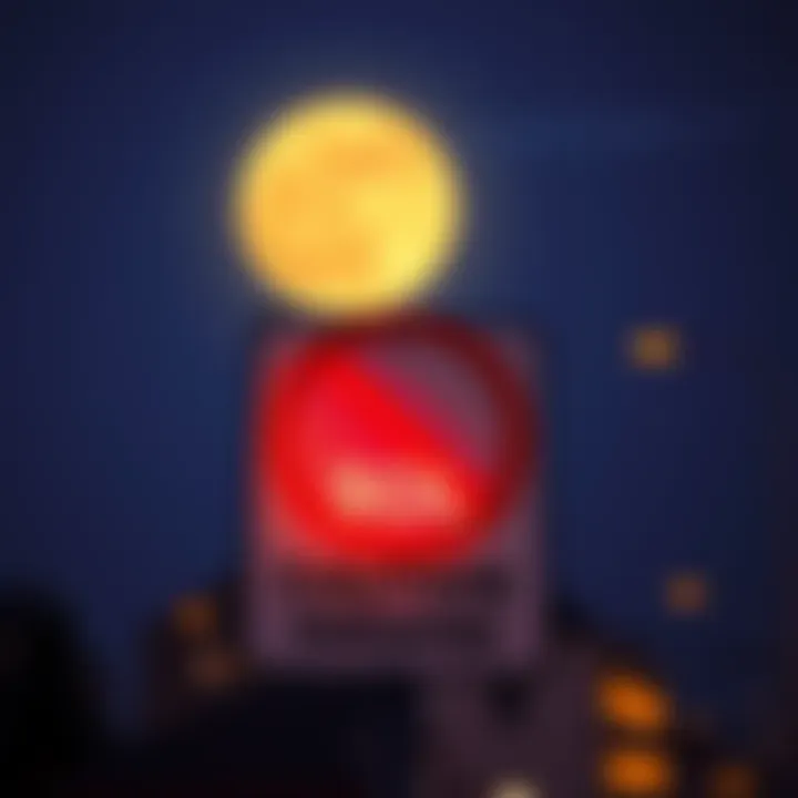 A warning sign about not engaging in SOL transactions, featuring a full moon in the background to indicate nighttime caution.