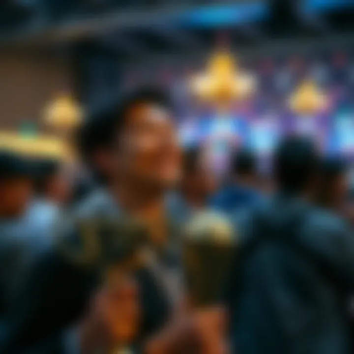 Person celebrating achievement A person smiling and holding a trophy at a gathering, showing joy without arrogance.