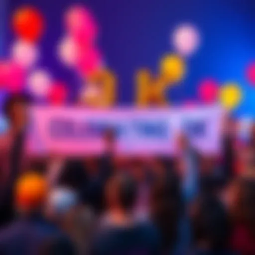 A group of diverse people celebrating reaching 3K, holding balloons and banners showing enthusiasm.