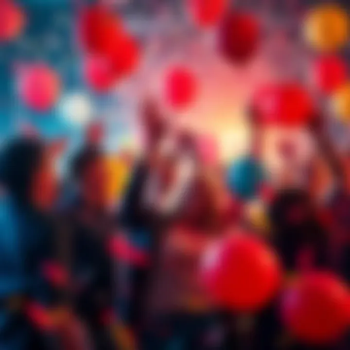A group of people celebrating with balloons and confetti, reflecting on four years of accomplishments.