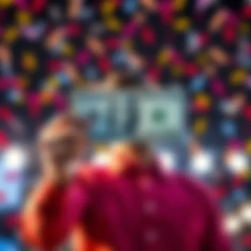 Person joyfully holding a dollar bill with confetti in the background