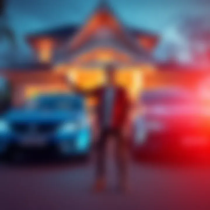 A happy person standing next to two new cars in front of their new house, showing pride and accomplishment.