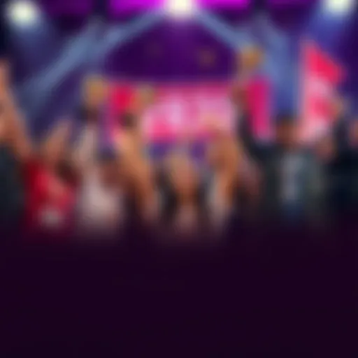 A diverse group of people celebrating a significant achievement, holding trophies and banners in a vibrant setting.