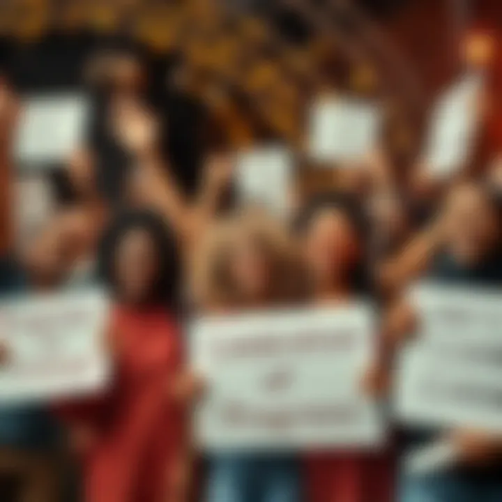 A group of diverse people celebrating together, holding signs of progress and change, smiling and enjoying the moment.