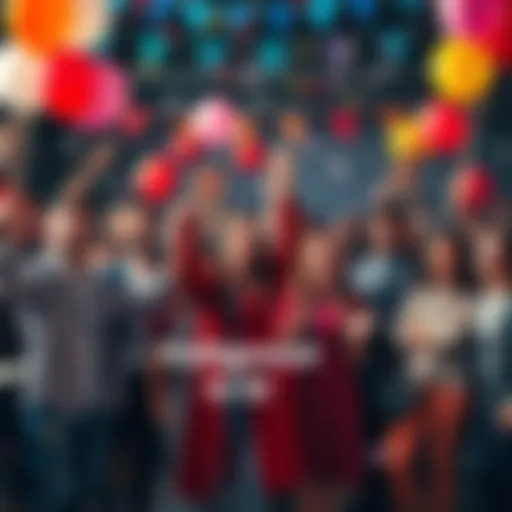 A diverse group of people cheering together in a festive setting, celebrating their achievement with balloons and confetti.