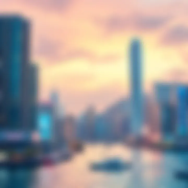 A digital illustration of Chainlink's pilot program showcasing a central bank digital currency and stablecoin in Hong Kong, with financial buildings in the background.