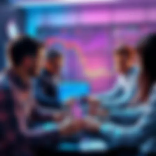 A group of people engaged in a discussion about investing in Chainlink during market fluctuations, showcasing laptops and charts to illustrate their thoughts.