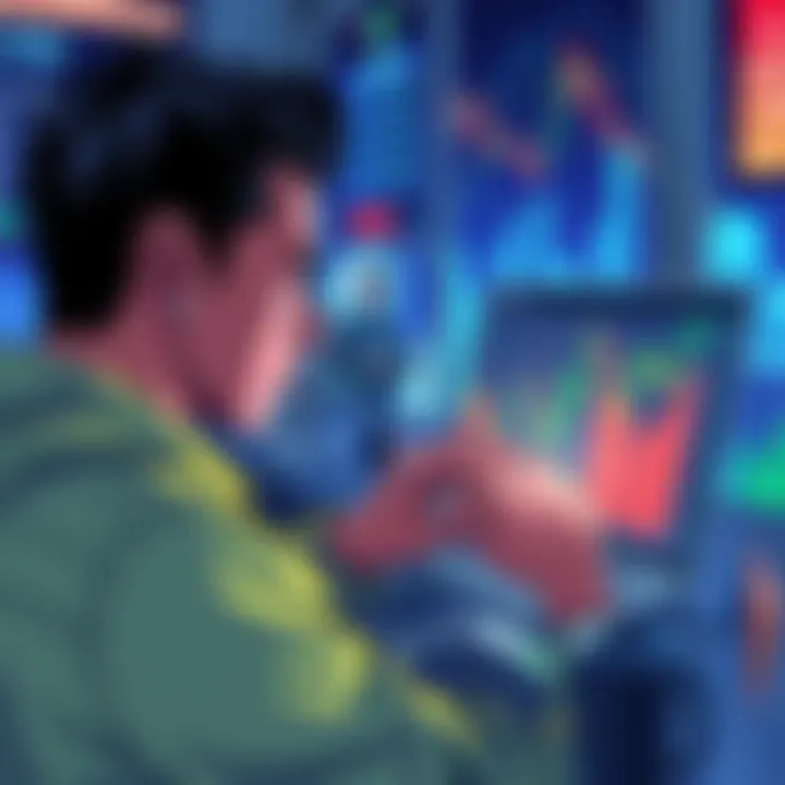 An illustration showing a person looking at a fluctuating cryptocurrency chart on their laptop, symbolizing the challenges of entering the crypto market.