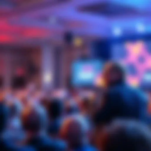 Charles Hoskinson speaking at a cryptocurrency conference with an audience in front of him