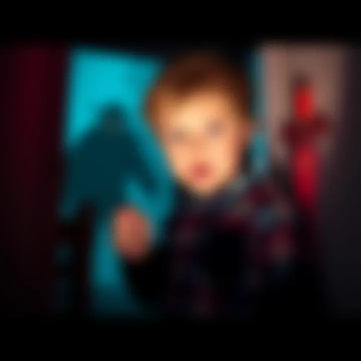 A child in a dark room, looking scared and holding a toy sword, imagining a monster lurking in the shadows.