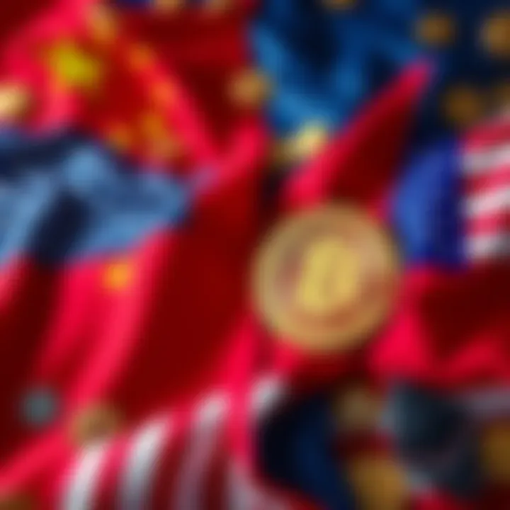 China and USA Flags with Cryptocurrency Symbols Flags of China and the USA surrounded by popular cryptocurrency symbols like Bitcoin and Ethereum, representing the power struggle in the crypto market.