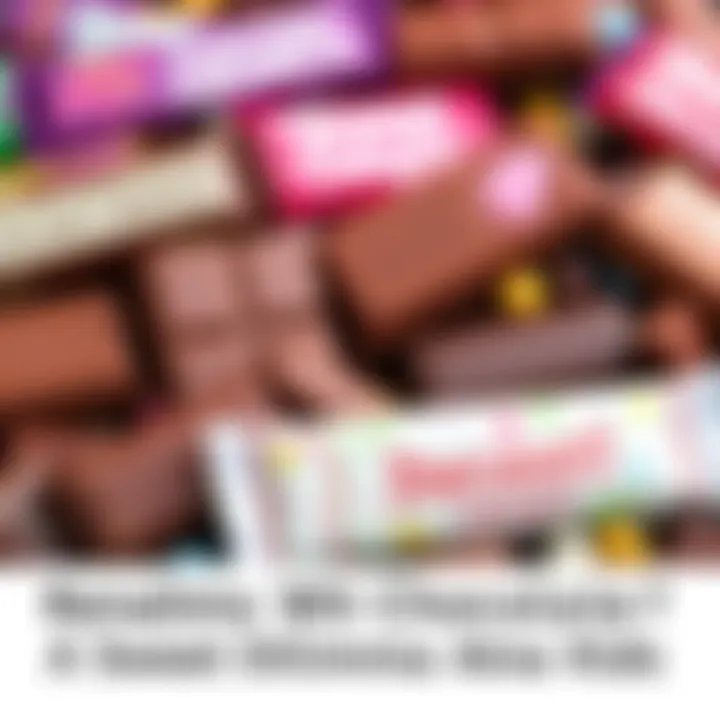 A colorful display of chocolate bars with playful name tags like 'Cocoa Crunch' and 'Sweet Delight'