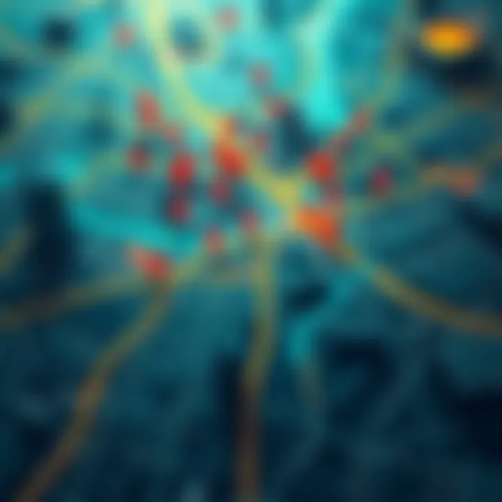 A detailed map showcasing parcels in a city with highlighted areas and markers.