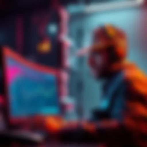 A miner looking concerned while checking computer data related to CK Pool's block discovery and hash rate.