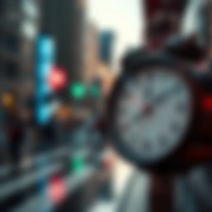 A close-up of a clock showing time passing with a blurred city background, representing the concept of 'soon'.