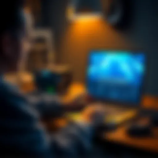 A person viewing a cloud mining platform on a laptop while comparing it to traditional mining equipment on the table