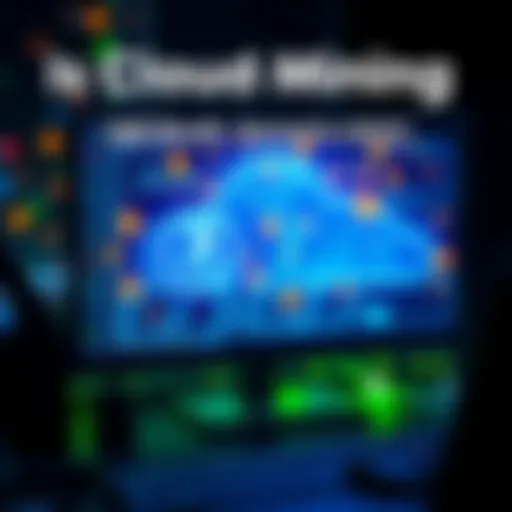 A visual representation of cloud mining featuring digital coins and mining graphics on a computer screen