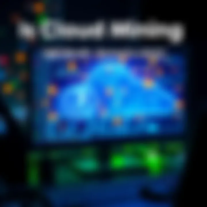 A visual representation of cloud mining featuring digital coins and mining graphics on a computer screen